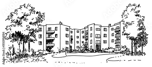 Hand drawn illustration of modern low rise apartment complex surrounded by large trees