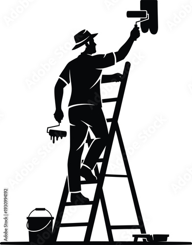 A man painting a wall with a roller on a ladder