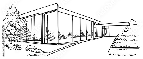 Modern minimalist architectural sketch of a glass villa with strong perspective