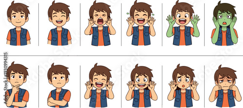 Collection of a young boy character with various facial expressions and emotions flat illustration