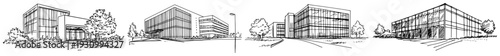Collection of modern corporate office building sketches with various architectural designs