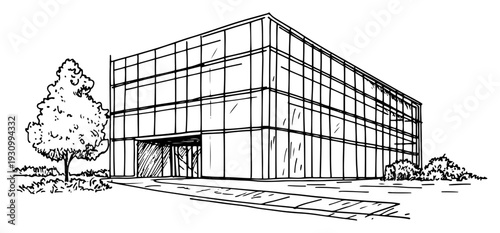 Commercial office building sketch with modern glass facade and large windows