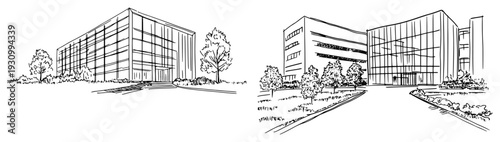 Detailed architectural sketches of modern corporate office complexes and glass campuses