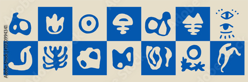 Mystical eye symbols and plant shapes in doodle sketch charcoal style. Esoteric branding elements for tarot cards and bohemian social media graphics.