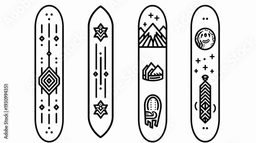 Black and white illustration of four abstract decorative skateboard designs on white background