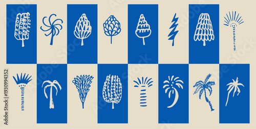 Detailed palm trees and exotic seeds in doodle sketch charcoal style. Tropical botanical elements for travel blogs and summer vacation prints.