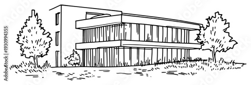 Modern two story residential house sketch with horizontal architectural lines