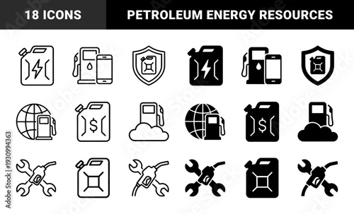 Refined fuel management and energy storage hybrid icons featuring gasoline canisters merged with charging bolts currency symbols and repair tools