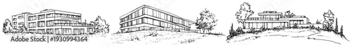 Set of three modern minimalist building sketches with surrounding landscaping