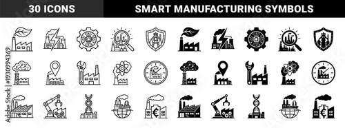Industrial factory hybrid icons combining manufacturing buildings with renewable energy leaves lightning bolts robotic arms dna strands and global currency symbols
