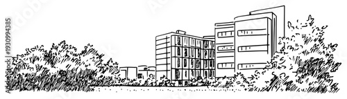 Hand drawn architectural sketch of modern office buildings behind lush garden trees
