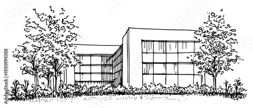 Modern glass building facade architectural sketch with garden trees and vegetation