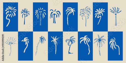 Slender coconut palms and fan leaves in doodle sketch charcoal style. Exotic island elements for resort branding and summer themed social media.