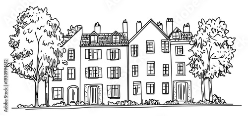 Traditional European style townhouses sketch with row house architecture and trees