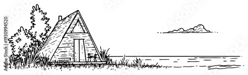 Small A-frame cabin sketch located near water in a peaceful nature landscape