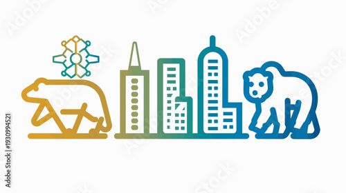A linear image of a city skyline beside stylized bears and a cog, using a gradient fill