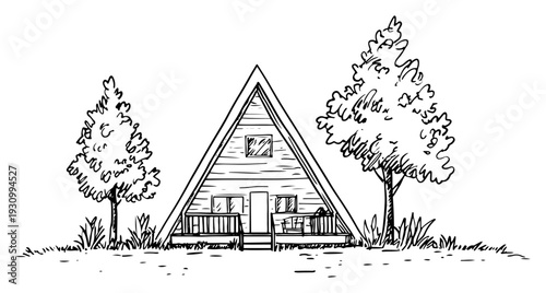 Hand drawn sketch of a cozy a-frame cabin nestled between two trees in nature