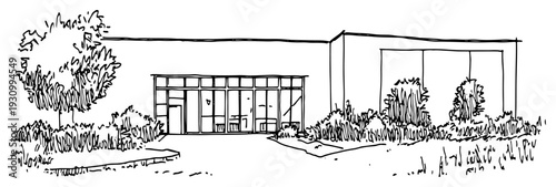 Architectural line art sketch of a modern flat roof commercial building with green garden