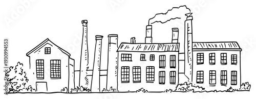 Industrial architectural sketch of an old factory building with multiple smoking chimneys