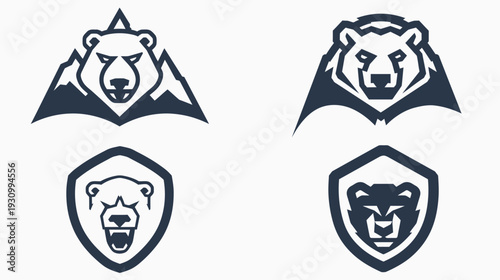 Collection of stylized bear head logos, showcasing different poses in shields and landscapes