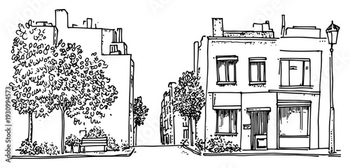 Hand drawn urban sketch of a european city street with classical buildings and shopfronts
