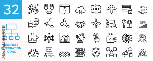 Business integration minimal icons, essential black outline icons representing various aspects of modern business integration concepts.