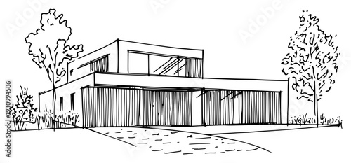 Modern minimalist luxury villa architectural sketch with flat roof and surrounding garden
