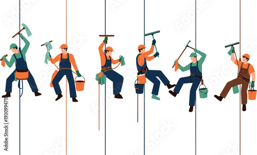 Collection of high rise window washers cleaning glass skyscraper windows with professional equipment