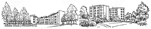 Wide panoramic architectural sketch of urban residential blocks and city park trees