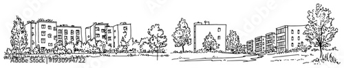 Panoramic drawing of a modern city housing estate with green spaces and trees