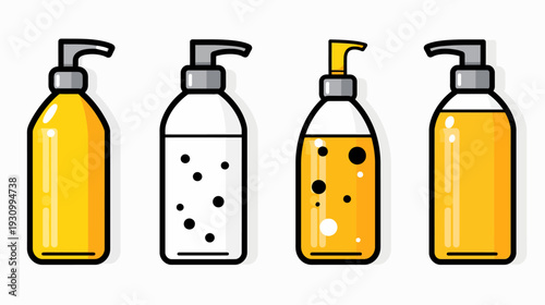 Four stylized dispenser bottles, each with different contents of yellow and white liquid, against a white background