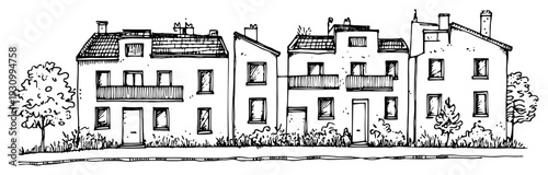 Hand drawn sketch of a row of traditional European townhouses with classic architecture