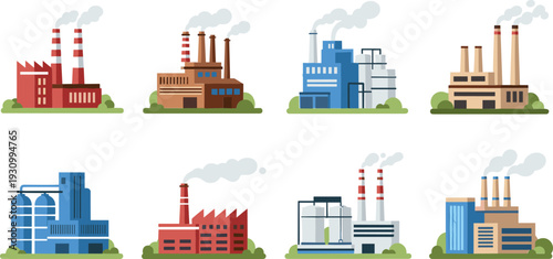 Collection of industrial factory buildings and power plants with chimneys flat illustration