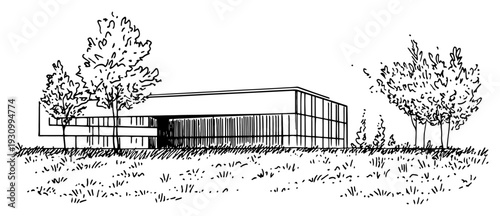 Hand drawn sketch of a modern office building with large glass windows and tall trees