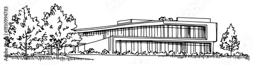 Hand drawn illustration of a contemporary commercial building with modern glass facade