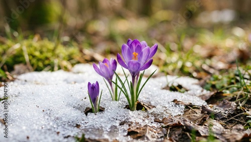 Macro photography of purple crocus flowers emerging through melting snow in early spring season