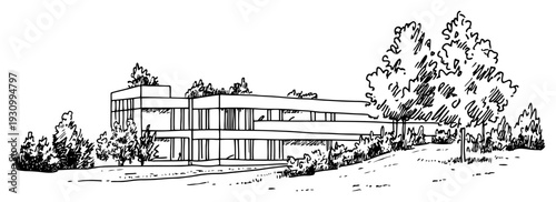 Modern two story residential building sketch with surrounding trees on a grassy hill