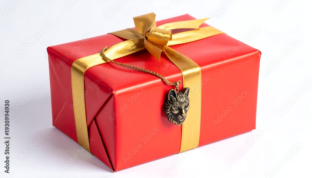Fototapeta premium A beautifully wrapped red gift with a golden ribbon.