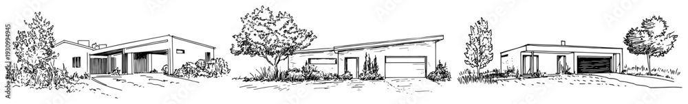 Fototapeta premium Set of three modern bungalow house sketches with garage and minimalist design
