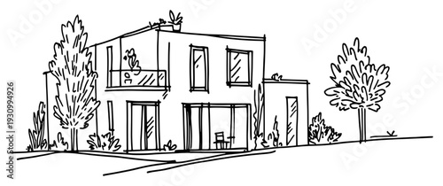 Modern two story minimalist villa architecture sketch with glass windows and trees