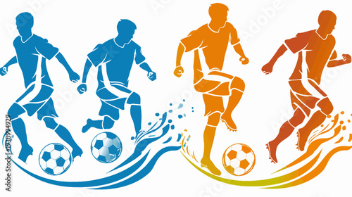 Silhouettes of athletes playing soccer, rendered with blue, orange, and red hues