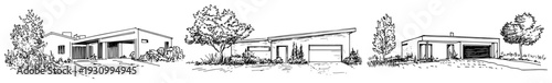 Set of three modern bungalow house sketches with garage and minimalist design