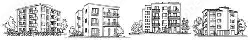 Collection of four modern apartment building sketches for urban residential housing