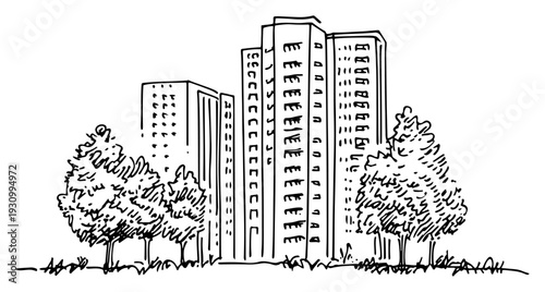 Tall urban high rise apartment building sketch with surrounding park trees