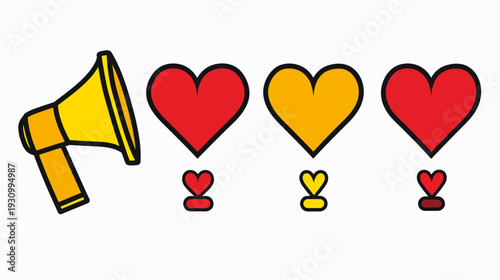 A megaphone announces hearts, featuring red and yellow symbols. White background