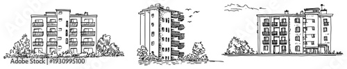 Set of hand drawn sketches showing different types of modern residential apartment buildings