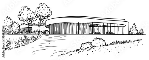 Architectural sketch of a modern pavilion building with a curved glass facade in nature