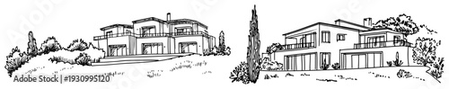 Hand drawn sketches of modern luxury villas with terraces and flat roofs