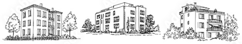 Collection of three traditional suburban apartment building sketches with trees