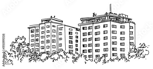 Pair of urban residential apartment buildings sketches surrounded by lush trees